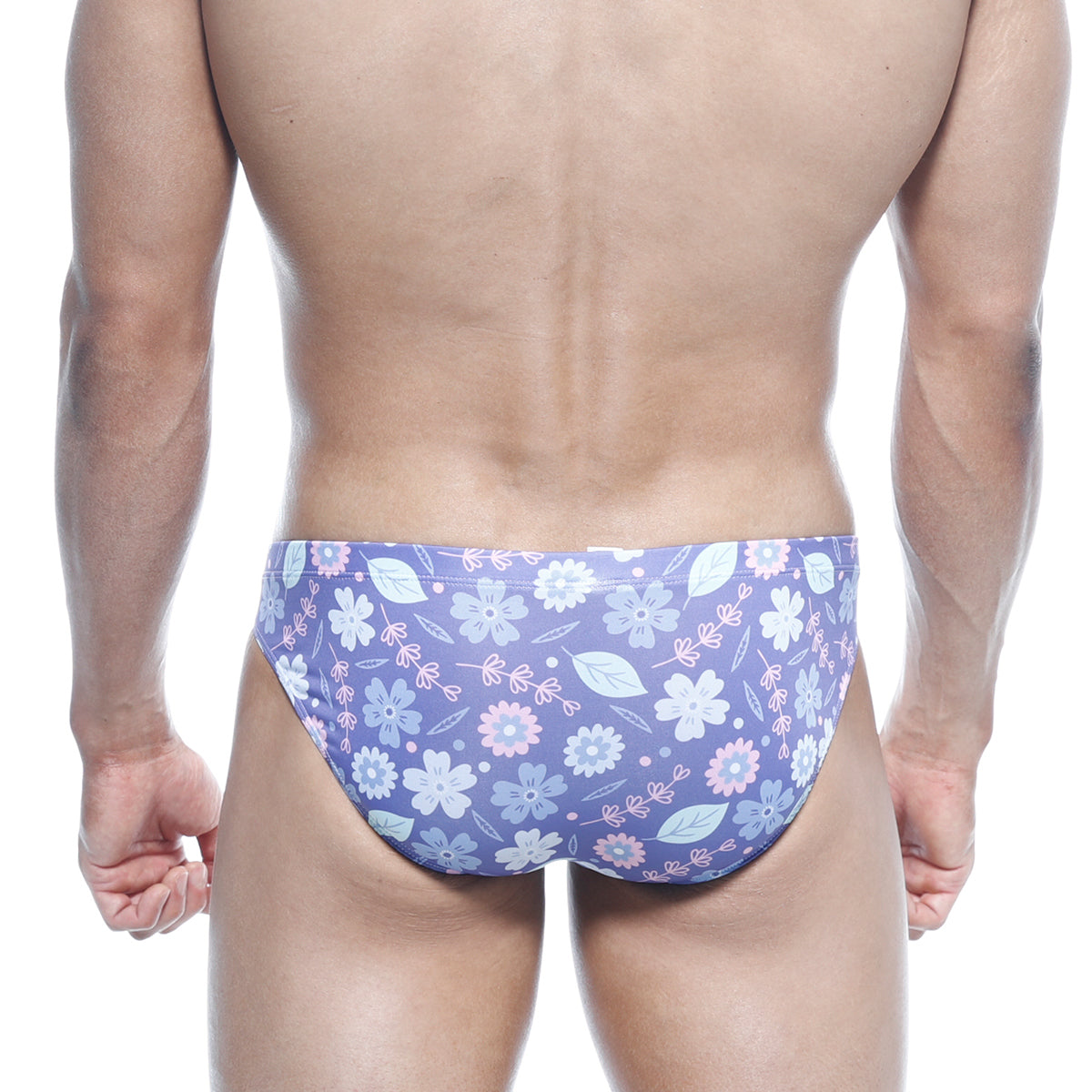 MetroMalewear vasco hip brief jardin 5103-44 purple floral swim trunks with light blue and pink blossoms on stretchy fabric