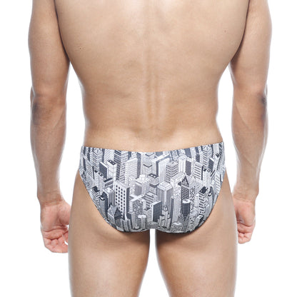 Black and white illustrated cityscape patterned swim trunks metro male wear vasco hip brief metro 5103-48