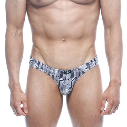 Black and white cityscape-patterned men’s briefs with sleek modern design metro malewear vasco hip brief metro 5103-48
