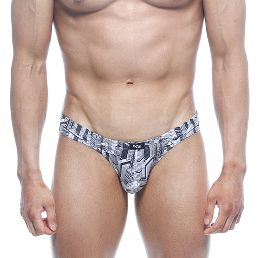 Black and white cityscape-patterned men’s briefs with sleek modern design metro malewear vasco hip brief metro 5103-48