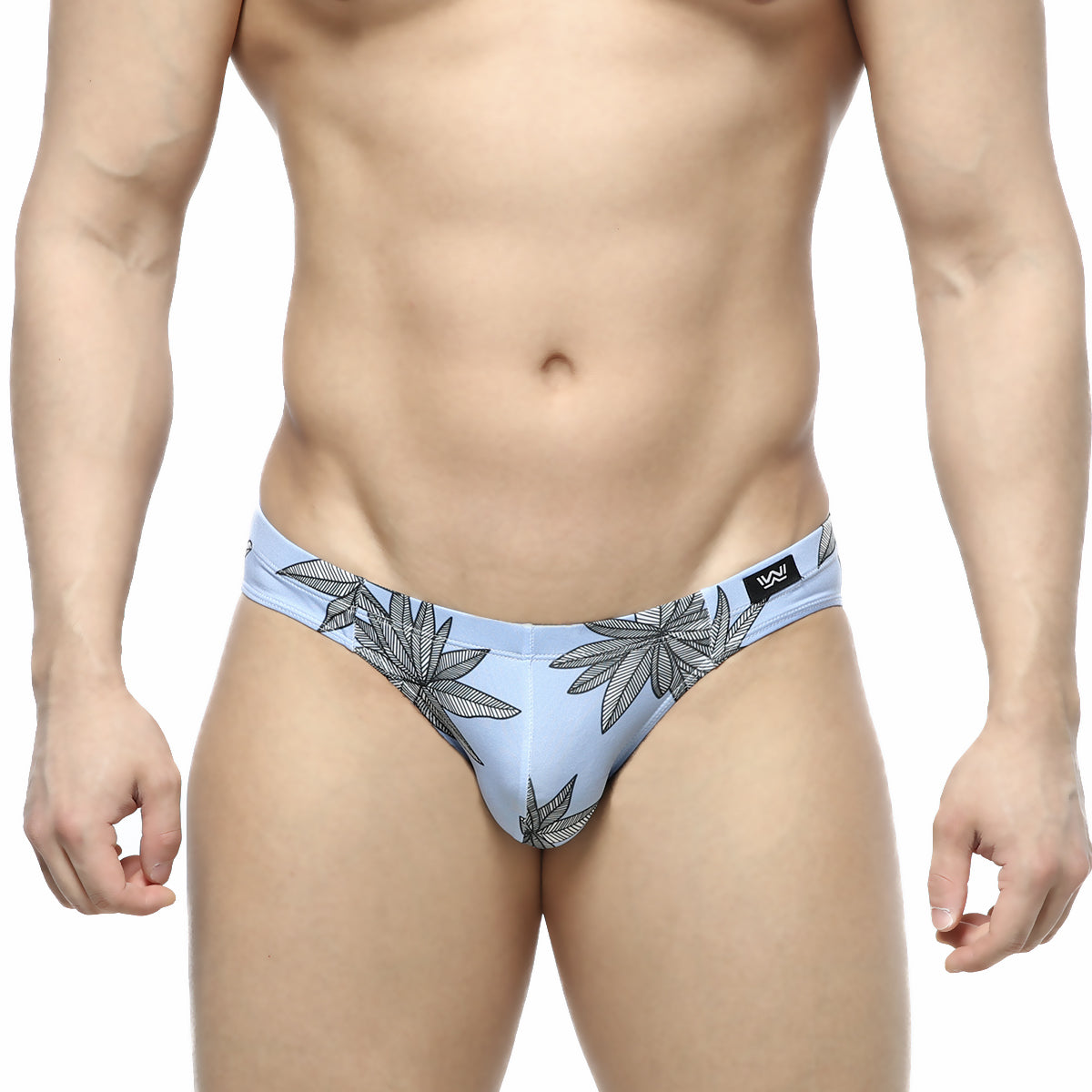 Light blue MetroMaleWear Palma Bikini 5103-49 briefs with black leaf pattern and logo on the waistband