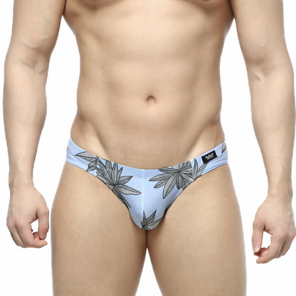 Light blue MetroMaleWear Palma Bikini 5103-49 briefs with black leaf pattern and logo on the waistband