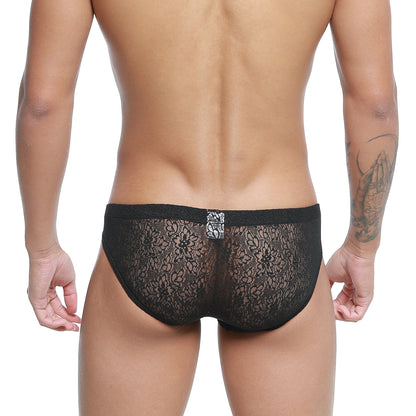 Black lace briefs with subtle floral pattern and small metallic emblem on back metroMalewear bordado bikini black 5103-53
