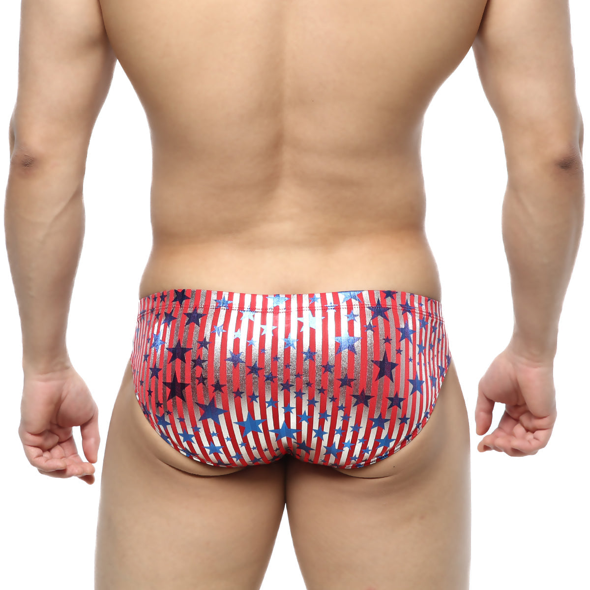MetroMaleWear Allstar bikini red 5103-54 swim trunks with red white and blue stripes and star pattern for men