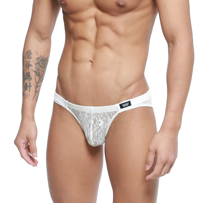 White lace men’s briefs with a black logo waistband metro malewear bordado bikini ivory 5103-57 front view