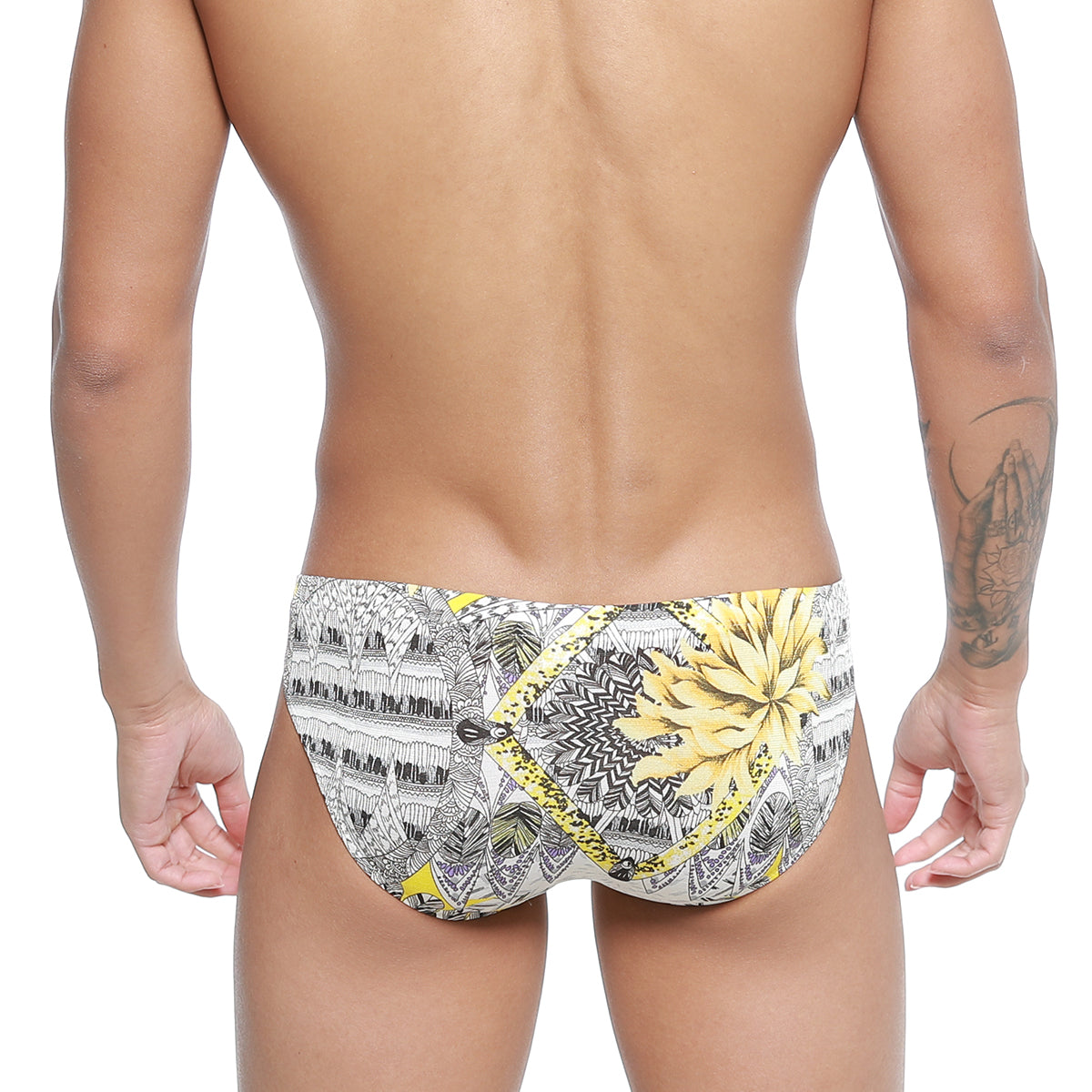 MetroMaleWear sunflower bikini 5103-59 vibrant yellow and black swim trunks with bold floral pattern for beachwear