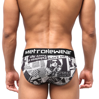 MetroMalewear highcut hip brief in black and white newspaper print with bold metrowear waistband