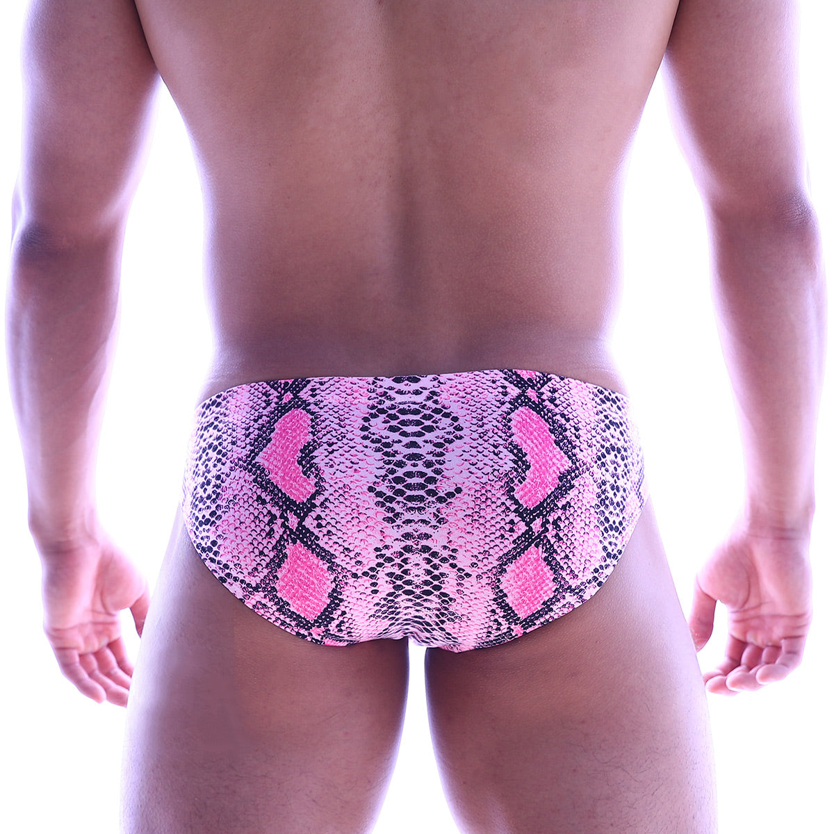 MetroMaleWear Vasco hip brief swim trunks in pink snake skin pattern featuring a sleek fitted design