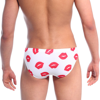 White swim trunks with red lipstick kiss mark pattern metro male wear vasco hip brief kiss white 5103-66