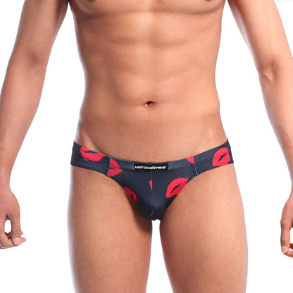 Black briefs with bold red lipstick print and metromalewear label from metro male wear vasco hip brief kiss black 5103-67