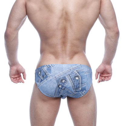 Blue denim patterned briefs with realistic fabric design stitched pockets and metallic buttons metroMaleWear Vasco hip brief