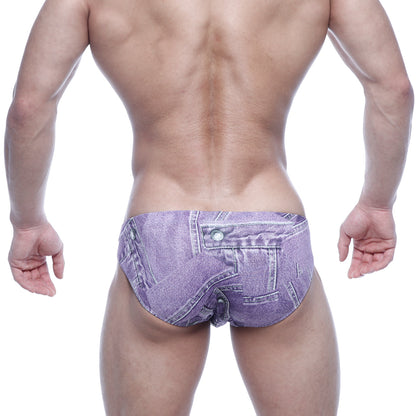 Purple denim-patterned metroMaleWear vasco hip briefs with button and zipper detail for men
