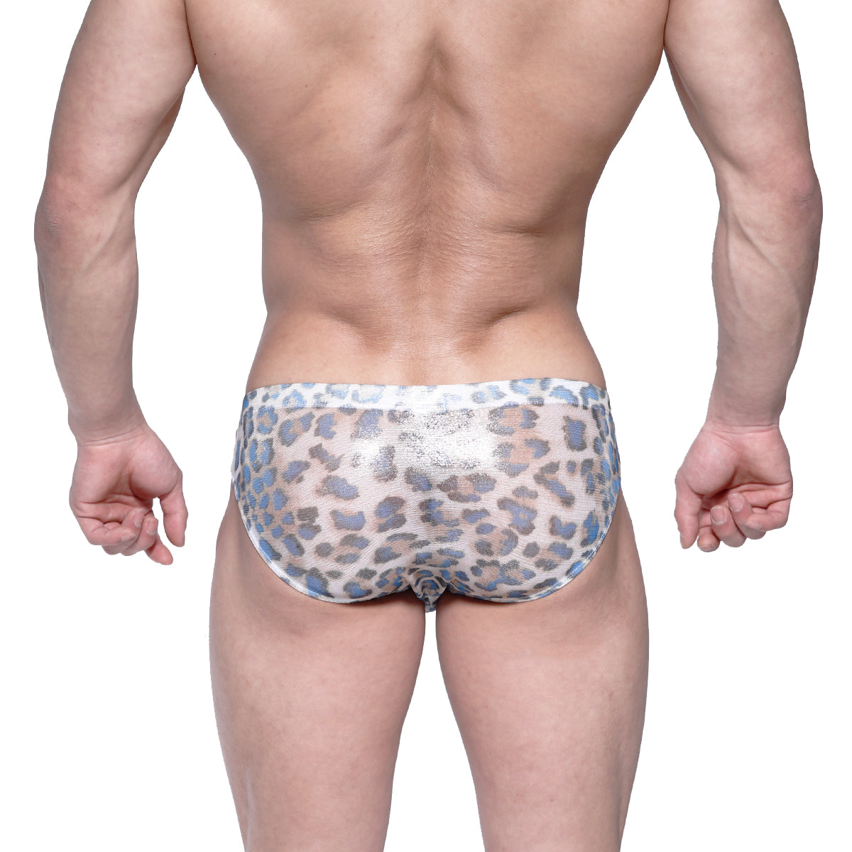 Shiny silver and blue leopard print metro malewear vasco hip brief men’s underwear with metallic fabric