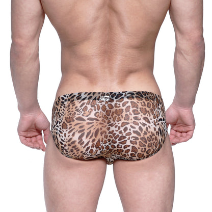 MetroMaleWear Vasco hip brief animal yellow leopard print sheer stretchy fabric swim trunks with brown and black spots