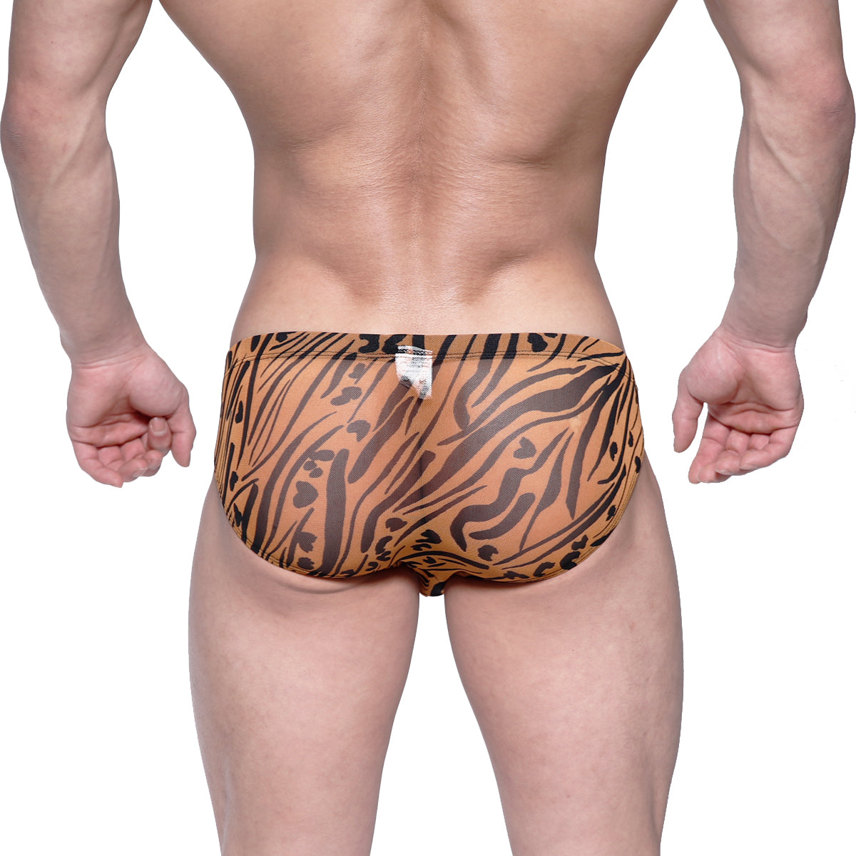 Metromalewear vasco hip brief animal gold swim trunks in orange and black tiger stripe pattern with comfortable fit