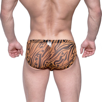 Metromalewear vasco hip brief animal gold swim trunks in orange and black tiger stripe pattern with comfortable fit