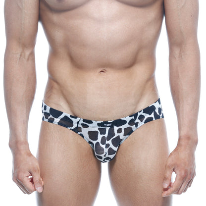 MetroMaleWear Vasco hip brief featuring a black and white cow print design in comfortable fabric for everyday wear