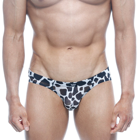 MetroMaleWear Vasco hip brief featuring a black and white cow print design in comfortable fabric for everyday wear