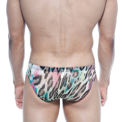 MetroMalewear vasco hip brief fenrir 5103-79 swim trunks with vibrant pink teal and black leopard print on beige base
