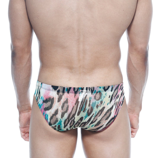 MetroMalewear vasco hip brief fenrir 5103-79 swim trunks with vibrant pink teal and black leopard print on beige base