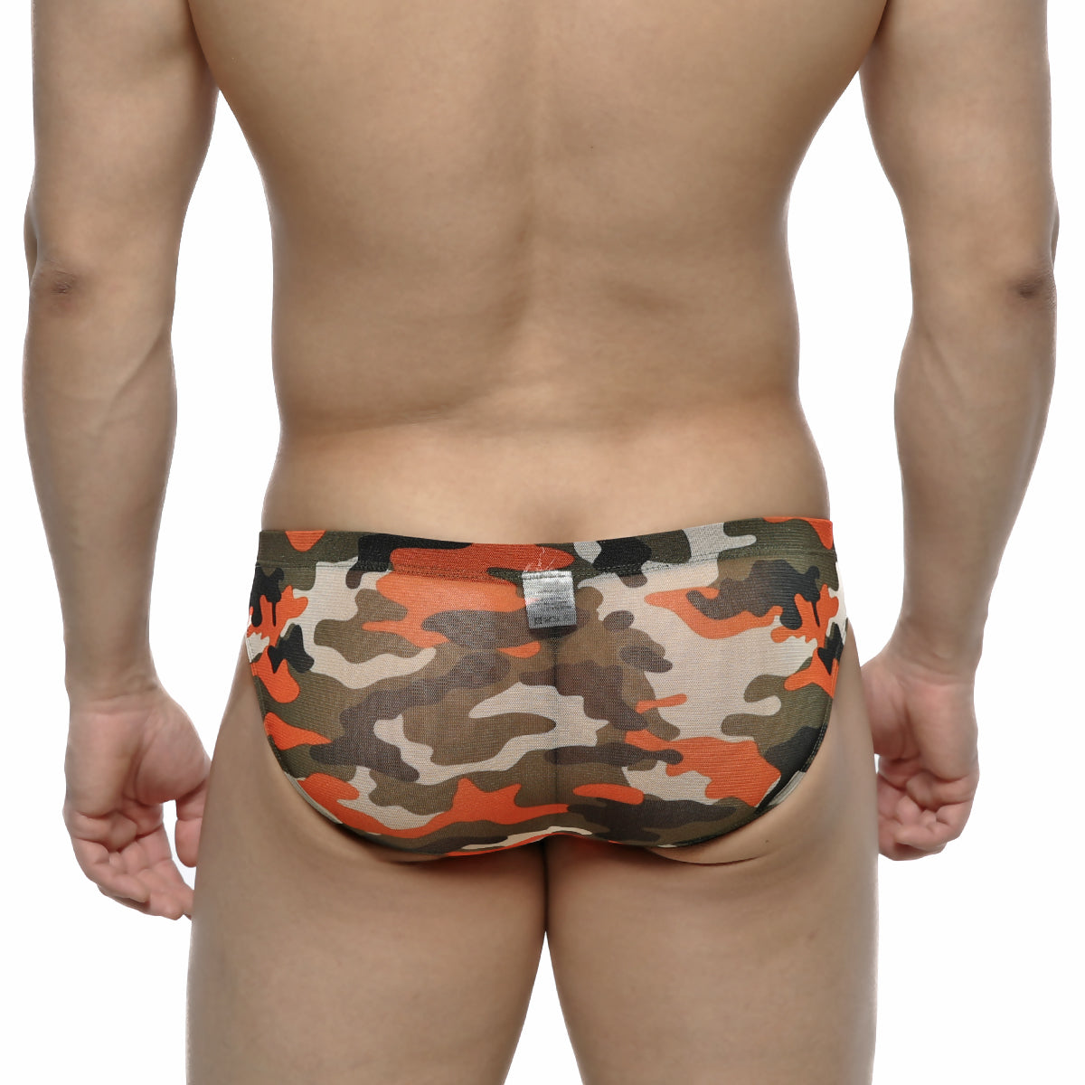 MetroMaleWear orange camo hip brief 5103-80 made of stretchy fabric with orange green and beige camouflage pattern