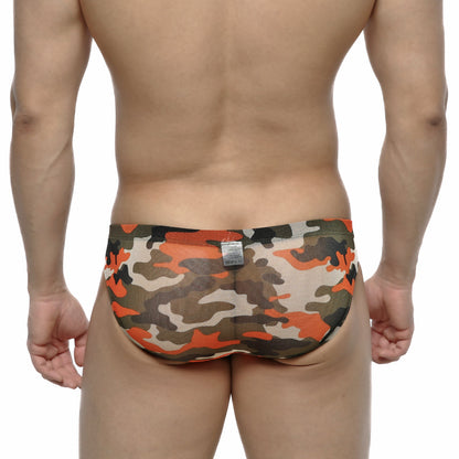 MetroMaleWear orange camo hip brief 5103-80 made of stretchy fabric with orange green and beige camouflage pattern