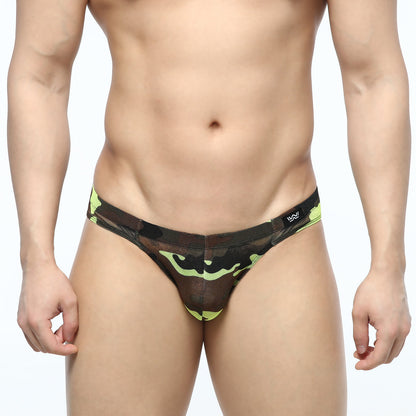 MetroMaleWear green camo hip brief 5103-81 black and neon green camouflage mesh thong shown from the back side
