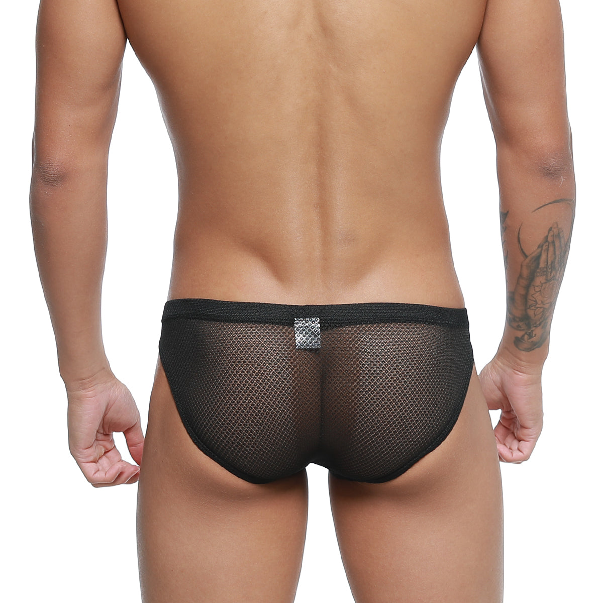 Back side of metro malewear terra bikini black mesh briefs with subtle diamond-patterned silver patch on waistband