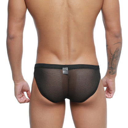 Back side of metro malewear terra bikini black mesh briefs with subtle diamond-patterned silver patch on waistband