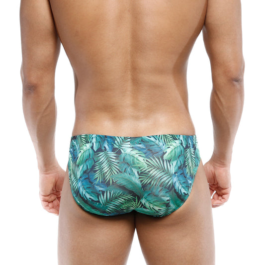 MetroMaleWear Vasco Hip Brief Jungle 5103-88 swim trunks with tropical leaf pattern in shades of teal and green