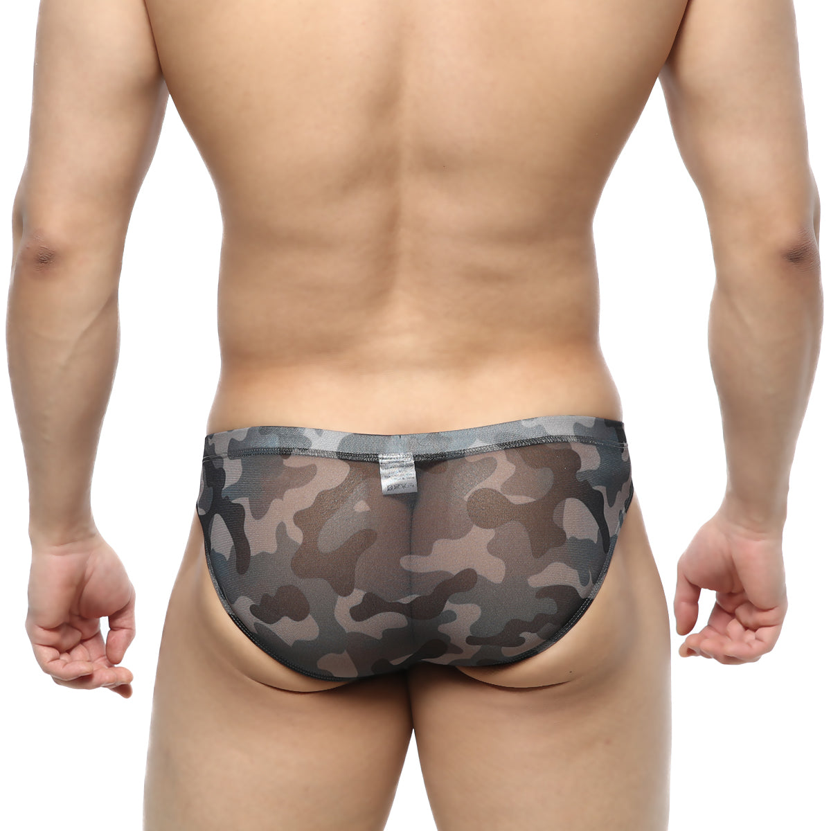 MetroMaleWear gray camo hip brief 5103-93 black and gray camouflage sheer mesh briefs front view