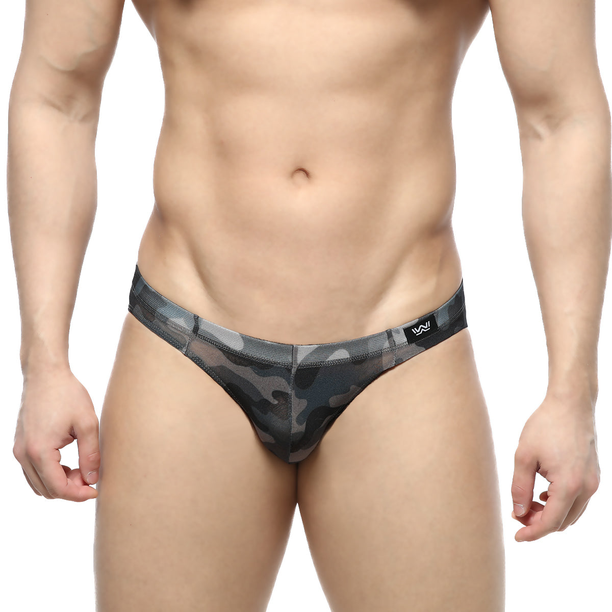 MetroMaleWear gray camo hip brief 5103-93 men’s thong with black gray camouflage mesh fabric design front view