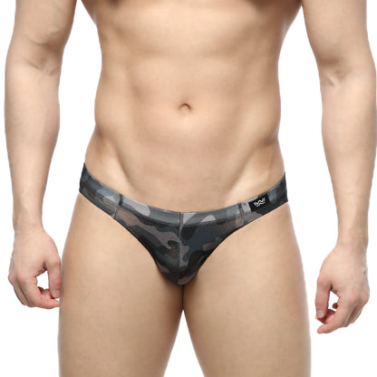 MetroMaleWear gray camo hip brief 5103-93 men’s thong with black gray camouflage mesh fabric design front view