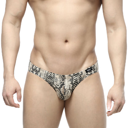 MetroMalewear serpiente bikini 5103-94 snake-print men’s thong in beige and black pattern shown from the back