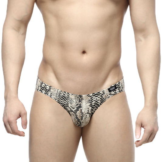 MetroMalewear serpiente bikini 5103-94 snake-print men’s thong in beige and black pattern shown from the back