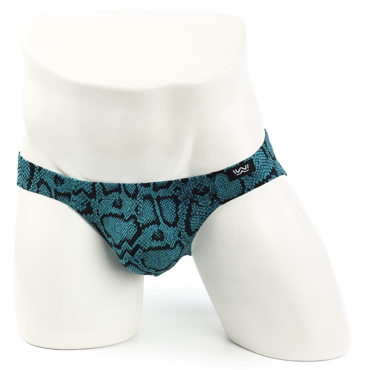 Teal and black snake-scale patterned men’s briefs on a mannequin metro malewear amazonic bikini 5103-96