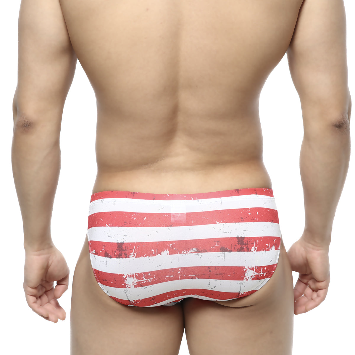 MetroMaleWear Batalla Bikini 5103-98 red and white striped swim trunks with distressed vintage flag-inspired design