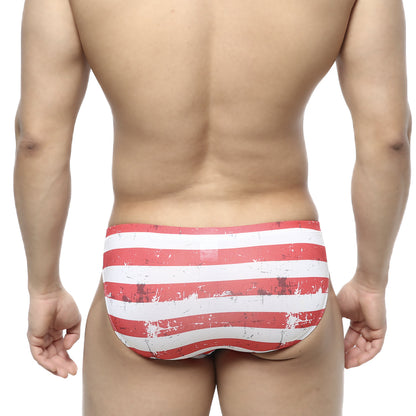 MetroMaleWear Batalla Bikini 5103-98 red and white striped swim trunks with distressed vintage flag-inspired design