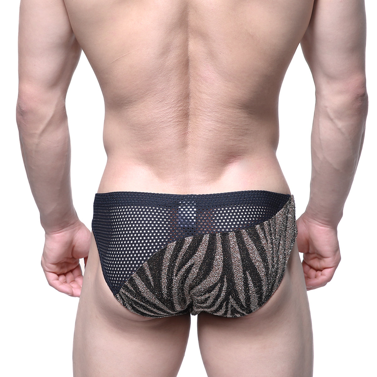 MetroMaleWear mascara bikini gold 5103-C01 black and gold zebra-striped mesh briefs with a sleek design