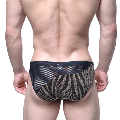 MetroMaleWear mascara bikini gold 5103-C01 black and gold zebra-striped mesh briefs with a sleek design