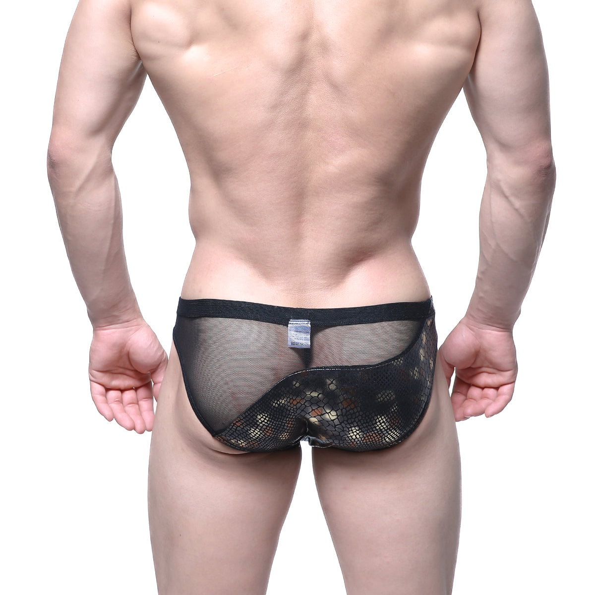Black mesh briefs with subtle snake-scale pattern and solid black waistband from metromalewear mascara bikini dragon 5103-c02