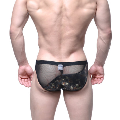 Black mesh briefs with subtle snake-scale pattern and solid black waistband from metromalewear mascara bikini dragon 5103-c02