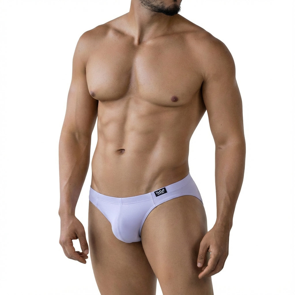 White metroMalewear lilac bikini briefs with black logo waistband made from soft breathable fabric