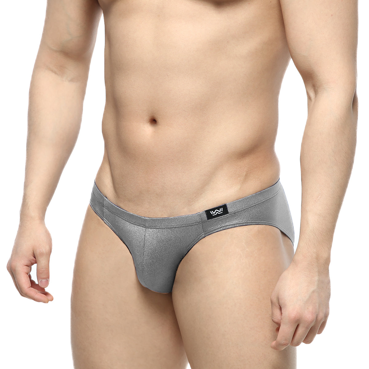Silver metallic briefs with black waistband logo from metromalewear shine gray bikini 5103-m10 product line
