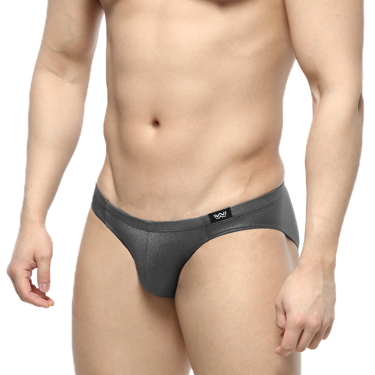Dark gray metallic-textured briefs with subtle sheen and black logo on waistband metroMalewear shine charcoal bikini