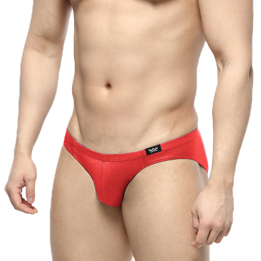 Red shiny fabric briefs with black logo waistband metro male wear shine red bikini 5103-m12 front view