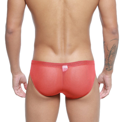 Coral-colored sheer mesh briefs with textured fabric and elastic waistband from metromalewear tull rojo bikini 5103-m13