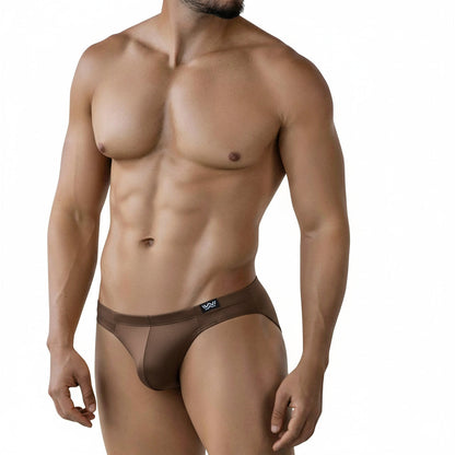 Brown sheer mesh briefs with black logo waistband from MetroMaleWear shine gold bikini 5103-M21 product line
