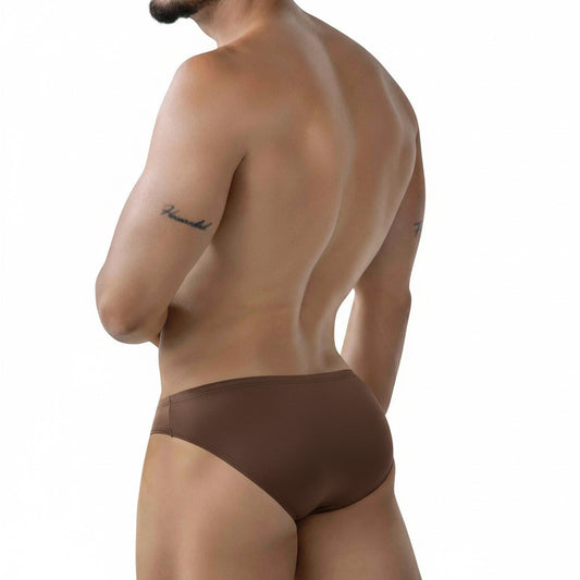 Brown metro malewear shine gold bikini briefs with smooth form-fitting design for comfortable daily wear