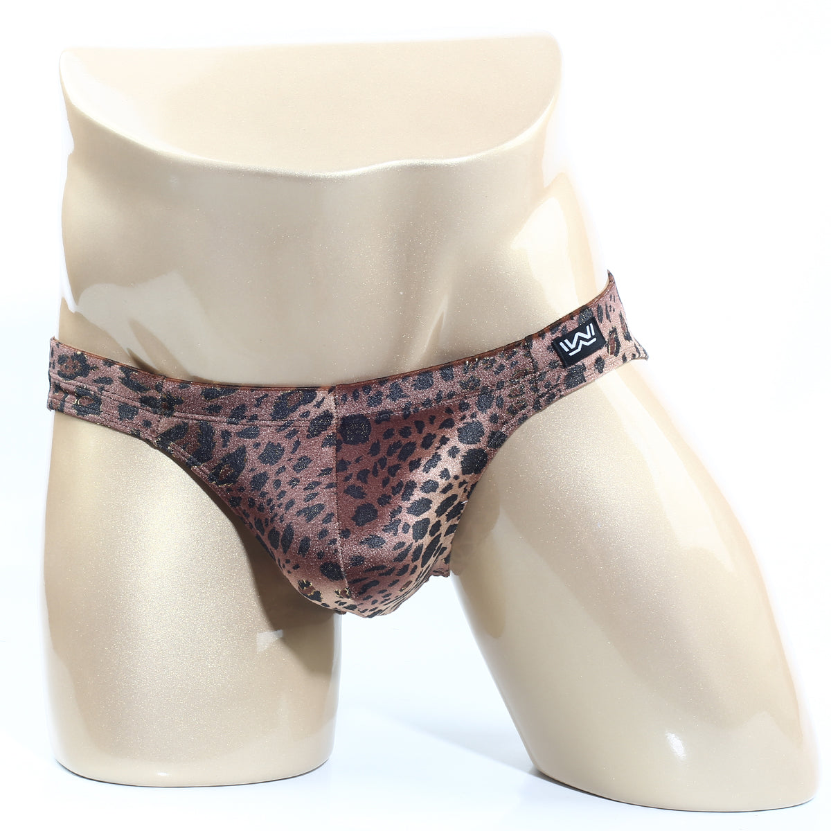 Metro male wear silvestre bikini 5103-m23 leopard-print men’s briefs in mauve and black satin fabric with branded patch